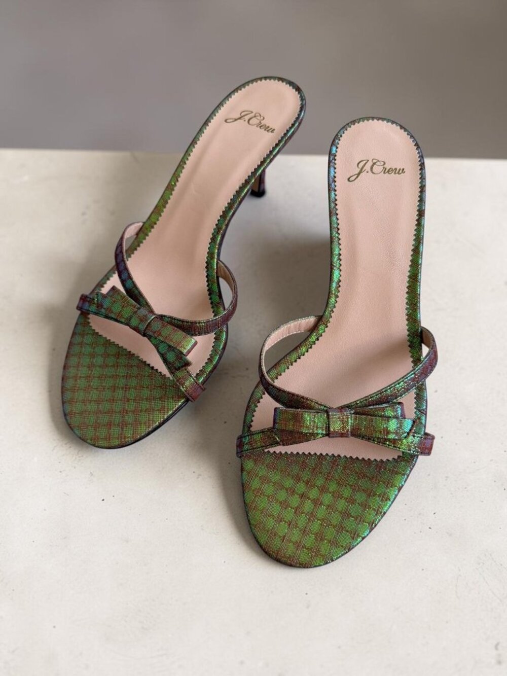 J CREW Green Metallic Iridescent Sandals Heels Size 7 NEW NWOB